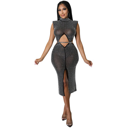 Sexy Mesh See through Rhinestone Hollow Out Cutout Split Dress Women Clothing