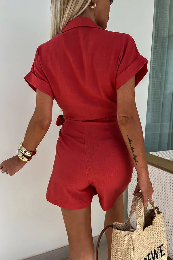 Women's new lace-up street lapel jumpsuit INS casual loose holiday jumpsuit