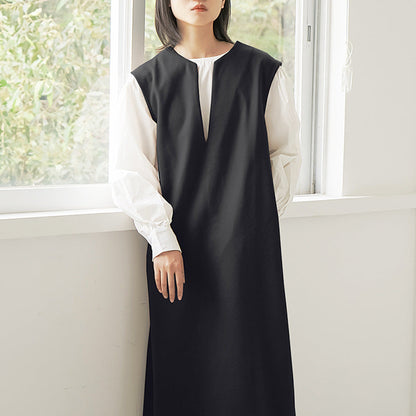 Real Shot Letian Autumn Winter 4 Color Woolen Coat Women V neck Solid Color Sleeveless Waistcoat Dress Outer Wear