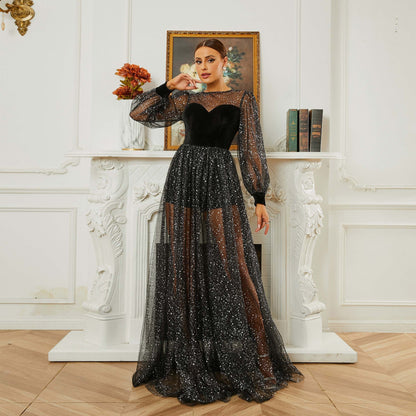 Long Sleeved round Neck Cocktail Sequin Gauze Large Swing Evening Dress Bridesmaid Dress Women