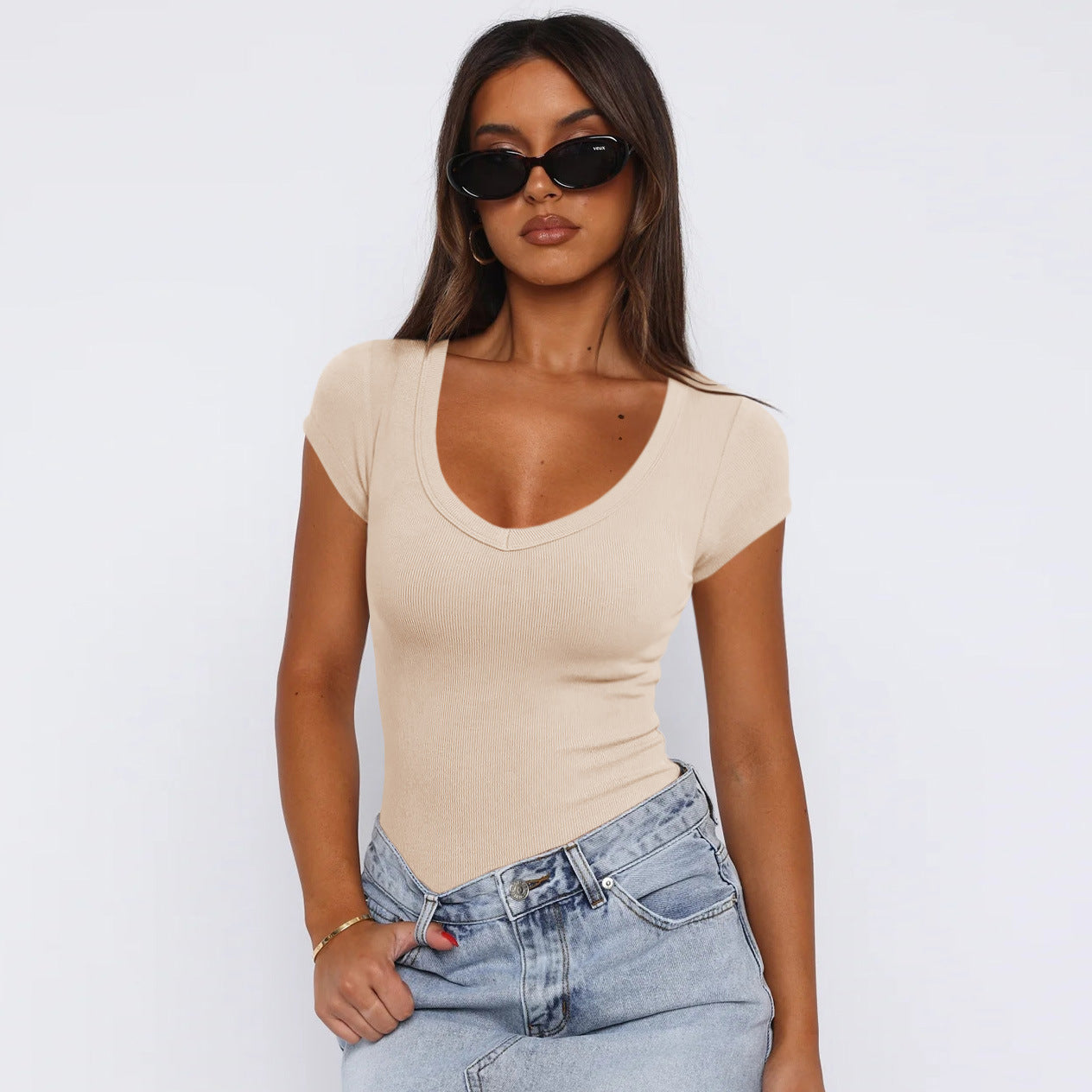 Thread Egg Shaped Collar Clothes Summer Slim Fit Short Sleeved T shirt Shoulder Top for Women