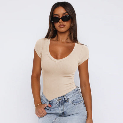 Thread Egg Shaped Collar Clothes Summer Slim Fit Short Sleeved T shirt Shoulder Top for Women