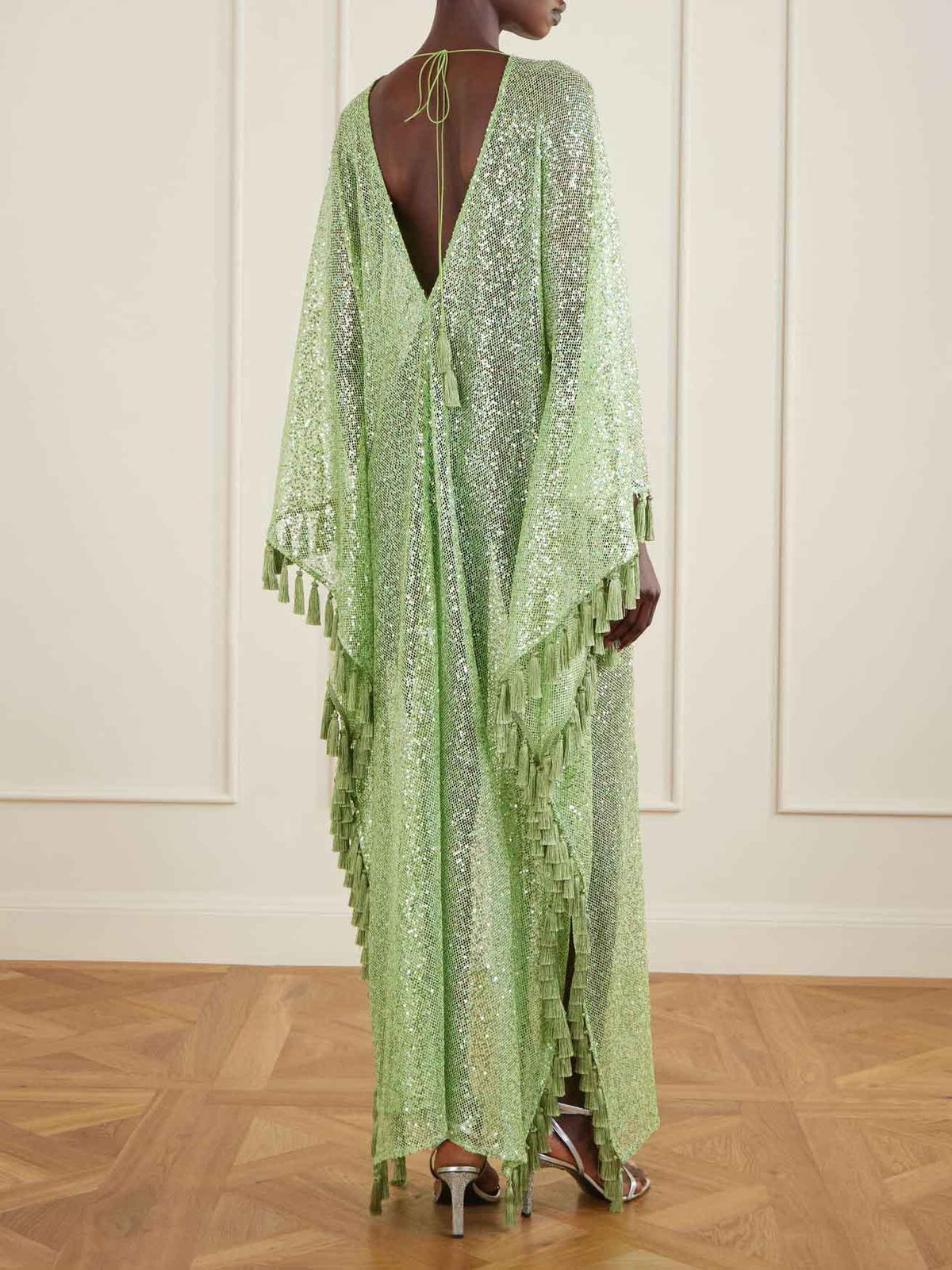 Gianna Sequin Deep V-neck Batwing Sleeve Fringed Trim Slit Gown Maxi Dress