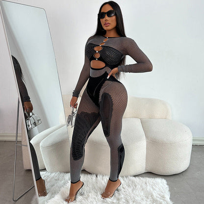Women Clothing Solid Color Tight Rhinestone Slim Fit Long Sleeved Trousers Contrast Color One Piece Trousers