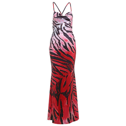 Spring Women Clothing Sexy Backless Lace up Gradient Spaghetti Strap Floral Print Dress Maxi for Women