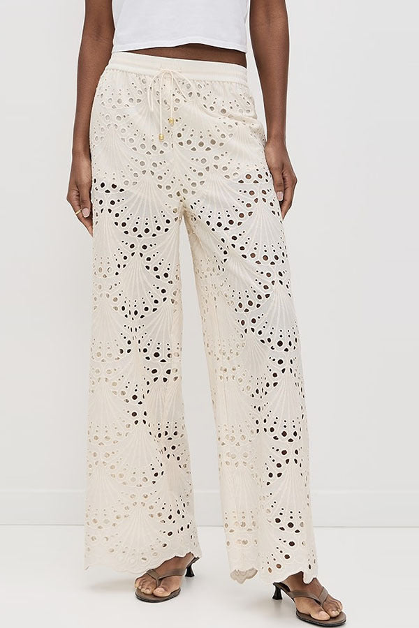 Lillah Embroidered Lace Shell Pattern Long Sleeve Loose Blouse