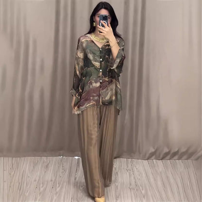 Spring Hand Painted Printed Shirt Top Wide Leg Pants Two Piece Women Clothing