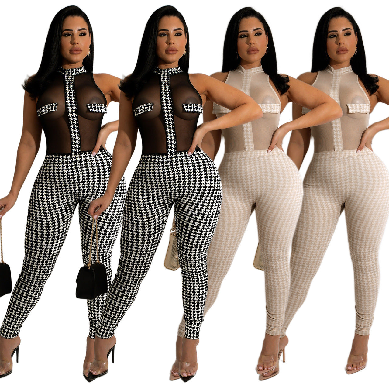 Women Clothing Summer Club Sleeveless Houndstooth Knitting Threads See-through Jumpsuit