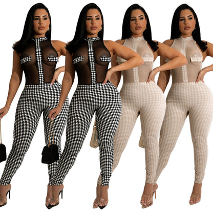 Women Clothing Summer Club Sleeveless Houndstooth Knitting Threads See-through Jumpsuit