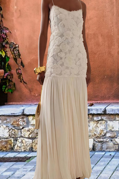 Indulge in Floral Applique Pleated Chiffon Hem Slip Maxi Dress