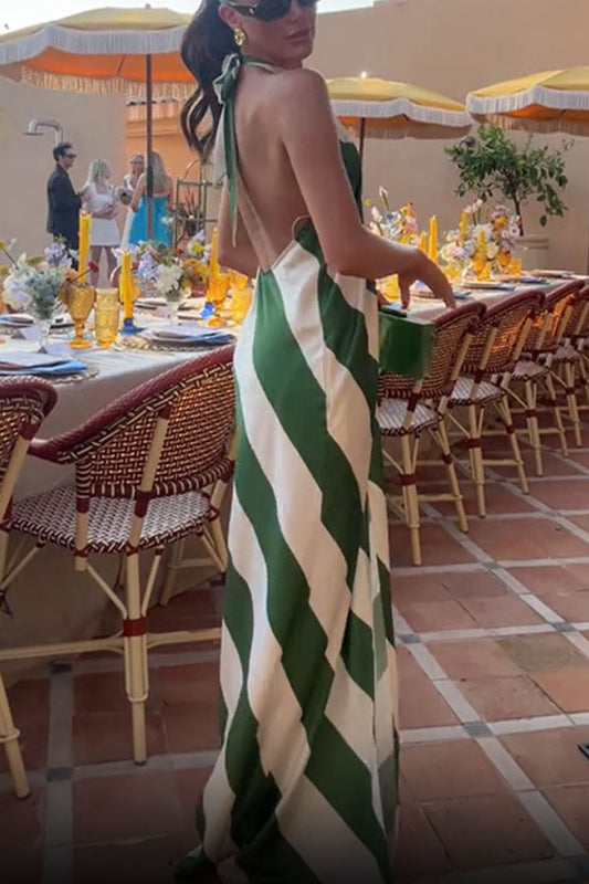 Most Dreamy Stripe Print Halter Tie-up Backless Pocket Loose Maxi Dress
