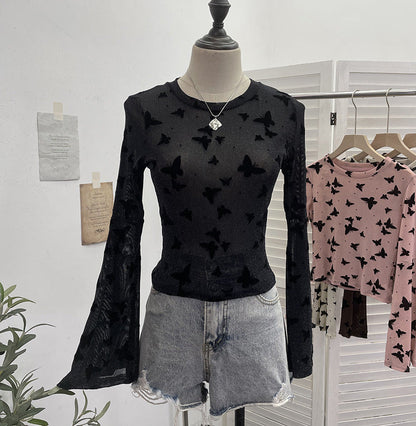 Sexy Butterfly Flocking Shiny Mesh Long Sleeve T shirt Large Bell Sleeve Short Slim Top