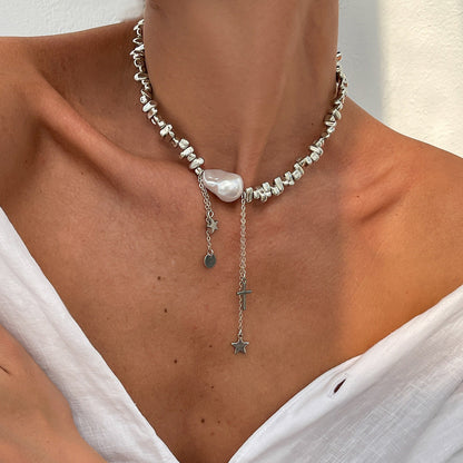 Minimalist Irregular Beaded Star Cross Tassel NeckLace