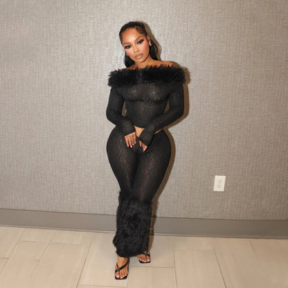 Women Long Sleeved off Shoulder Top Slim Trousers Furry Two Piece Set