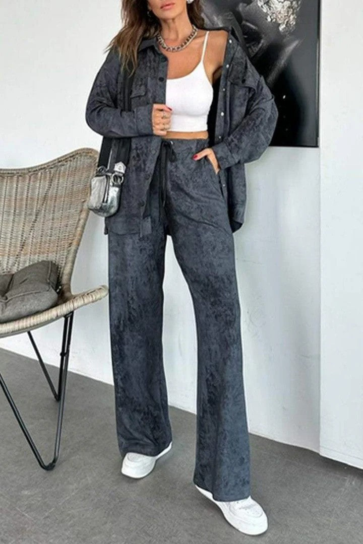 Casual Tie Dye Collared Pocket Shirt Drawstring Wide Leg Pants Set