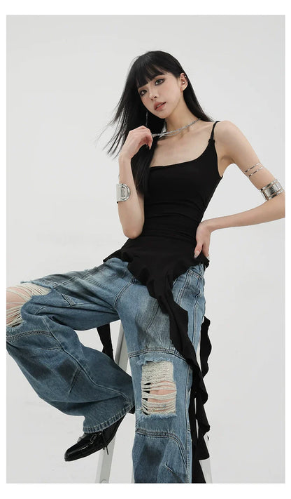 Black Asymmetric Ribbon Strap Tank Top With Ruffle Edge Design