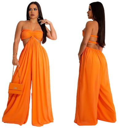 Women Clothing Spring Summer Solid Color Sexy Loose Backless Jumpsuit