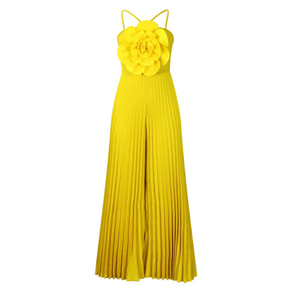 Women Clothing Summer Halter Three Dimensional Floral Solid Color Wide Leg plus Size Jumpsuit