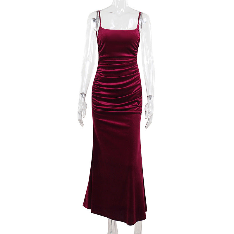 Autumn Socialite Sexy Velvet Pleated Fitted Waist Backless Sling Dress