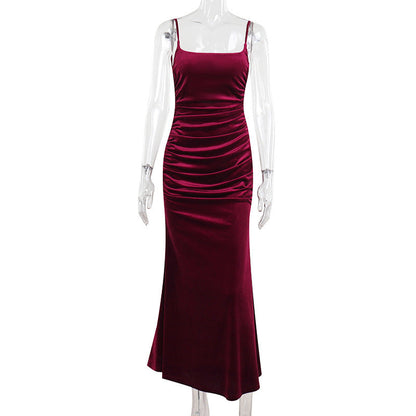 Autumn Socialite Sexy Velvet Pleated Fitted Waist Backless Sling Dress