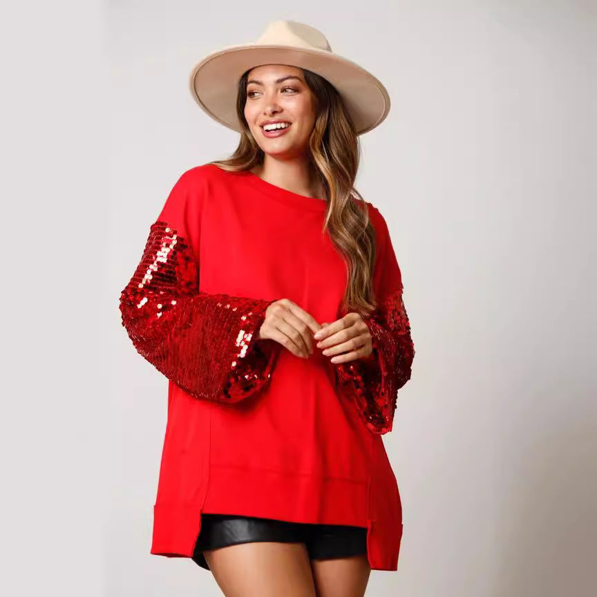 Autumn Winter Christmas Sequined Sleeve Top Stitching Long Sleeve Trendy Sweatshirt Women