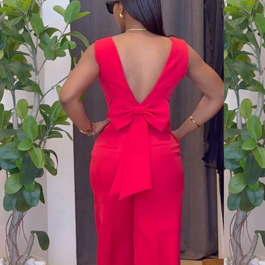 Women Clothing Spring Solid Color Backless Bow Top Wide Leg Trousers Casual Suit