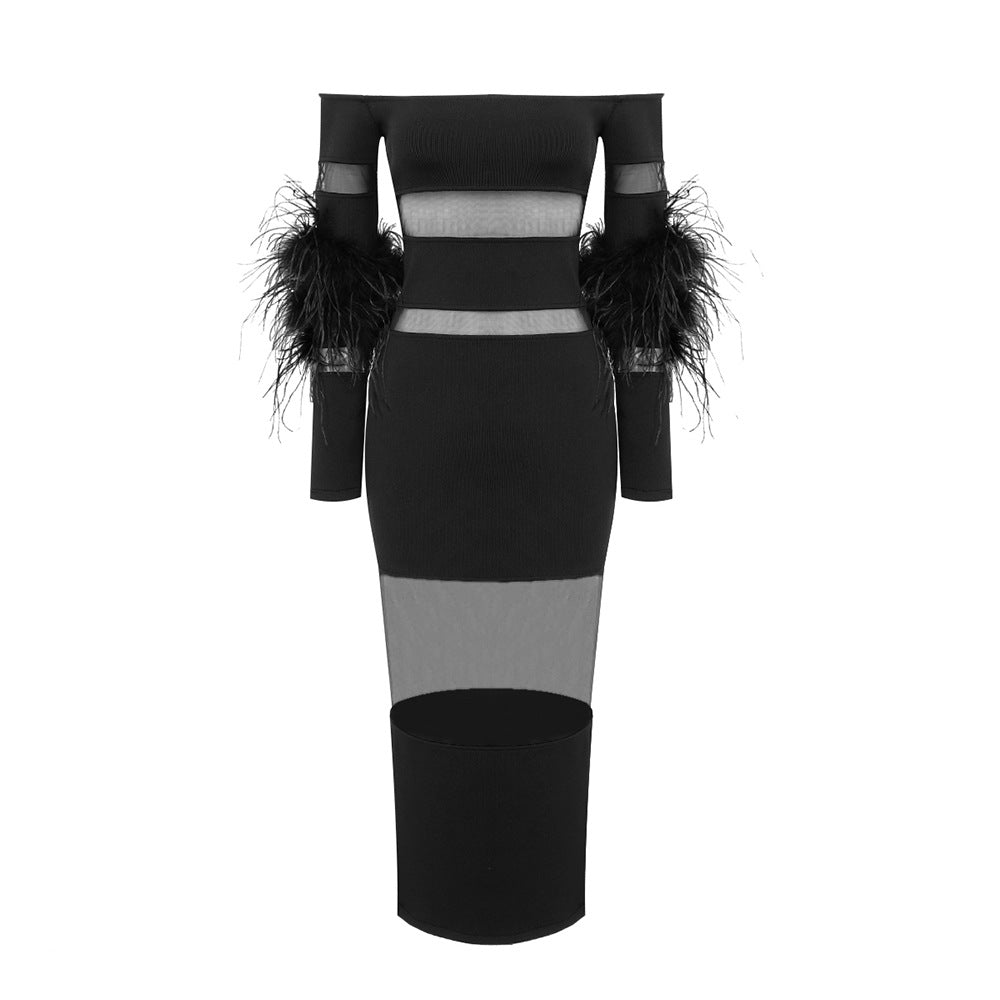 Summer Women White Off Shoulder Stitching Mesh Feather Sleeve Dress Knitted Dress