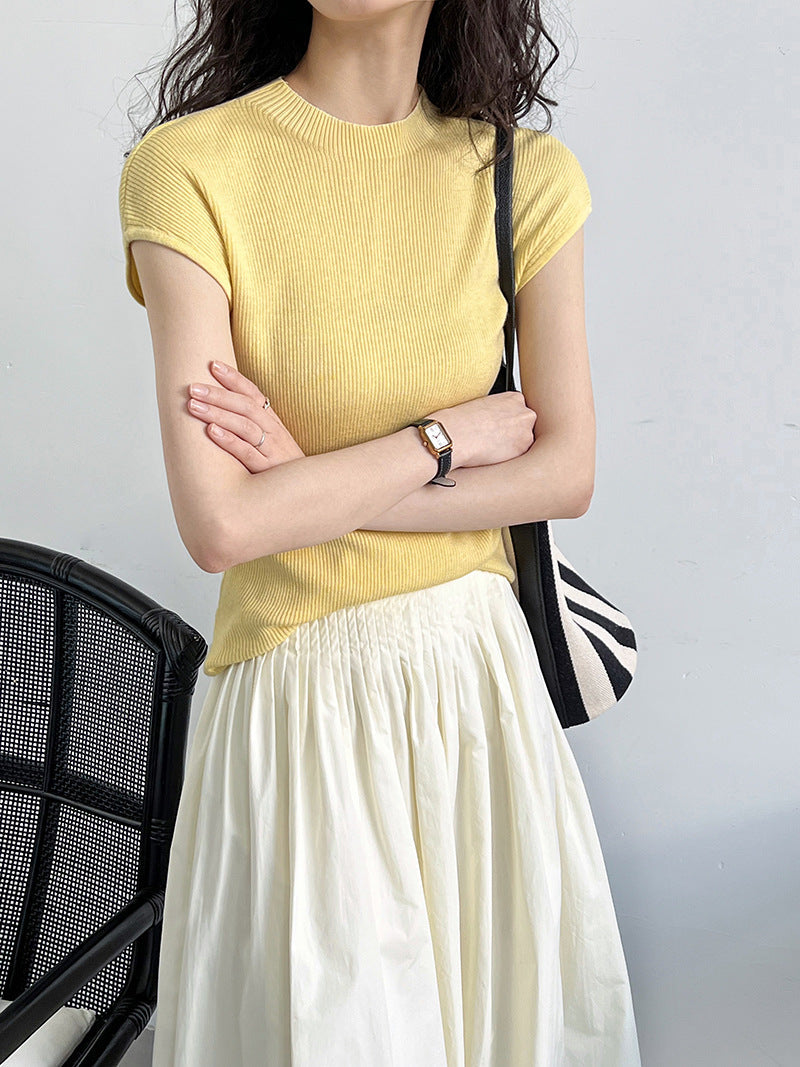 Spring Summer Slim Fit Cashmere Knitwear Top Simple Drop Shoulder Soft Glutinous Short Sleeve Bottoming Shirt Women
