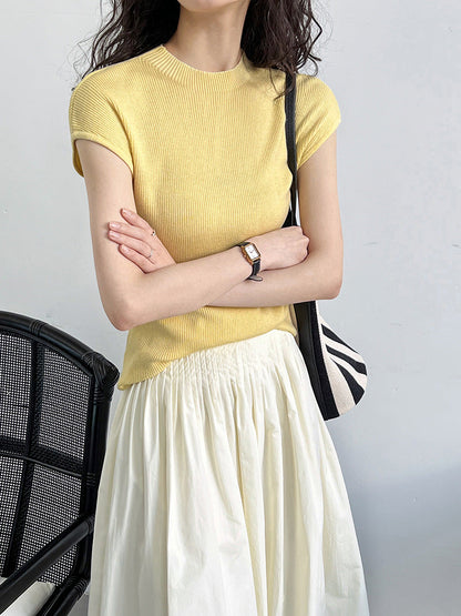 Spring Summer Slim Fit Cashmere Knitwear Top Simple Drop Shoulder Soft Glutinous Short Sleeve Bottoming Shirt Women