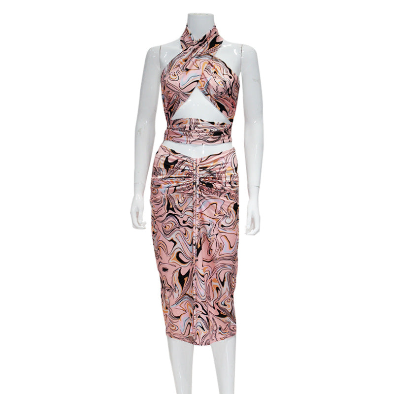 Women Clothing Tied Top Drawstring Skirt Printing Set