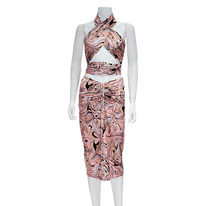 Women Clothing Tied Top Drawstring Skirt Printing Set