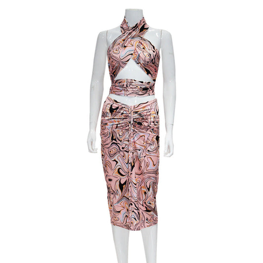 Women Clothing Tied Top Drawstring Skirt Printing Set