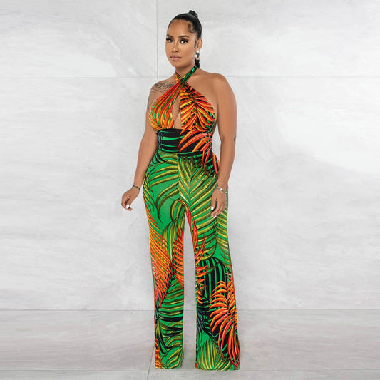 Women Clothing Sleeveless Sexy Backless Lace up Printed Jumpsuit