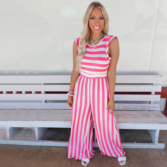 Summer Striped Round Neck Sleeveless Casual Jumpsuit Women