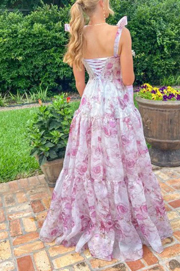 Fairytale Itself Organza Floral Print Tie Strap Maxi Dress