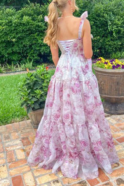 Fairytale Itself Organza Floral Print Tie Strap Maxi Dress