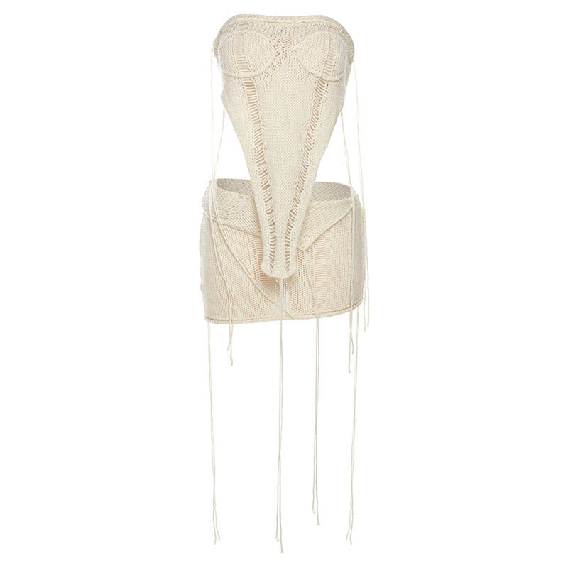 Spring Women Clothes Off Shoulder Slim Fit Backless Knitted Vest High Waist Sheath Skirt Set