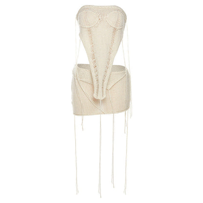 Spring Women Clothes Off Shoulder Slim Fit Backless Knitted Vest High Waist Sheath Skirt Set