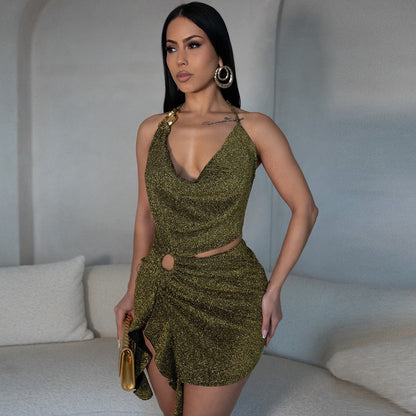 Women Spring Summer Silver Silk Cropped Irregular Asymmetric Strap Dress Women