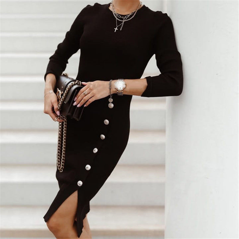 Autumn Winter Women Clothing Split Button Knitted Dress