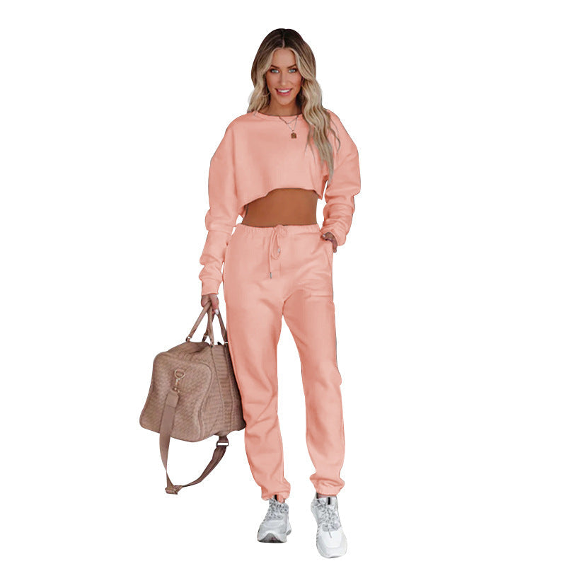 Autumn Winter Solid Color Round Neck Pullover Cropped Long Sleeve Sweaters Women’s Clothing Casual Drawstring Trousers Suit