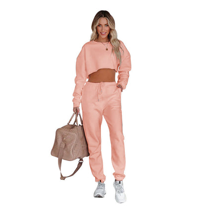 Autumn Winter Solid Color Round Neck Pullover Cropped Long Sleeve Sweaters Women’s Clothing Casual Drawstring Trousers Suit