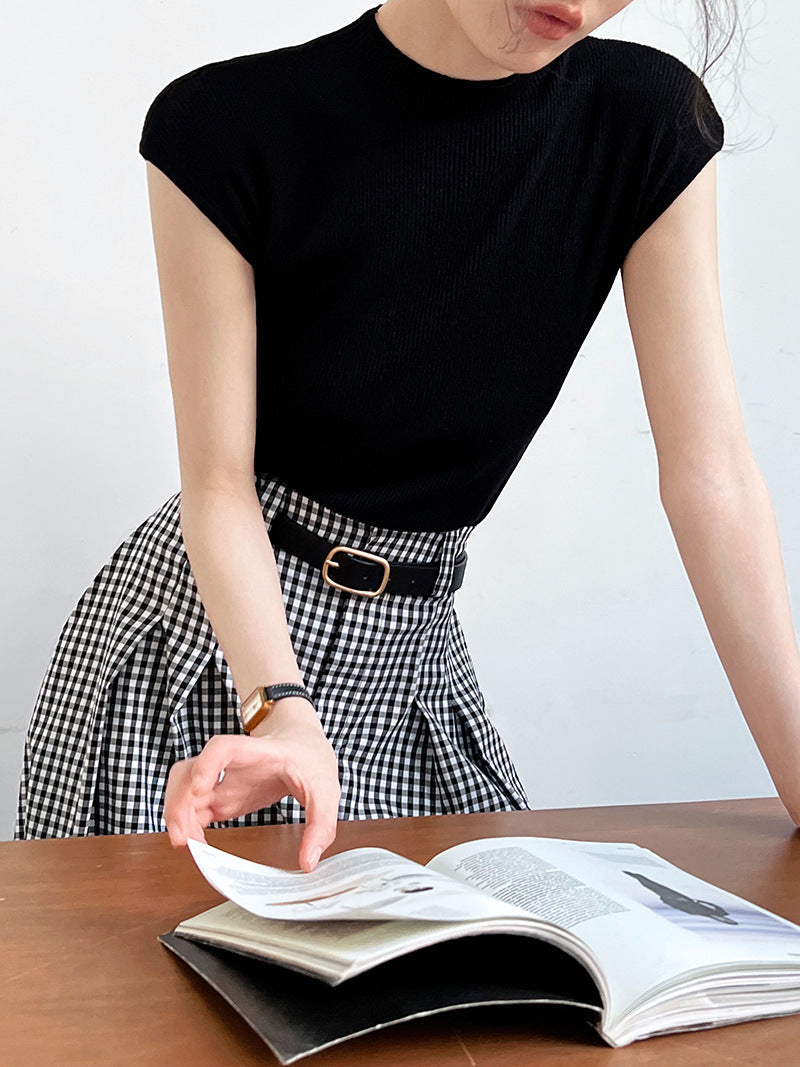 Spring Summer Slim Fit Cashmere Knitwear Top Simple Drop Shoulder Soft Glutinous Short Sleeve Bottoming Shirt Women