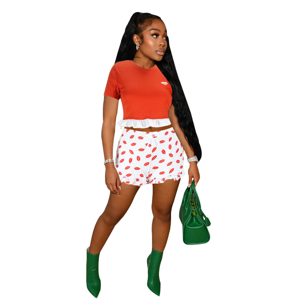 Women Clothing Summer Lace Color Matching Short-Sleeved T-shirt Women Lip Printings Slim Two-Piece Set Romper
