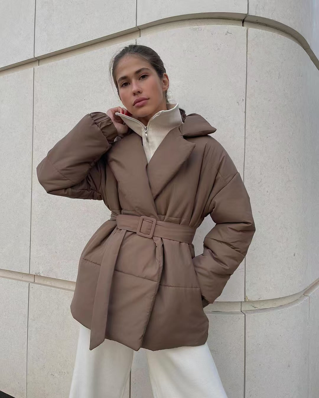 Tie Waist Cotton V-Neck Puffer Jacket