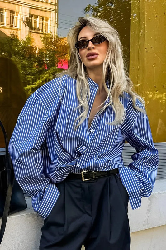 Blusa suelta de manga larga con rayas de patchwork