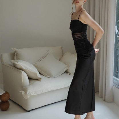 Women Summer Sexy Mesh Stitching Cami Dress Slim-Fit Long Pure Dress for Women