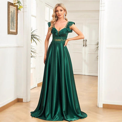 Women Satin Sleeveless V neck Flounce Cocktail Evening Dress