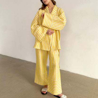 Women’ Clothing Autumn Striped Long Sleeve Loose Lace up Top High Waist Trousers Casual Set