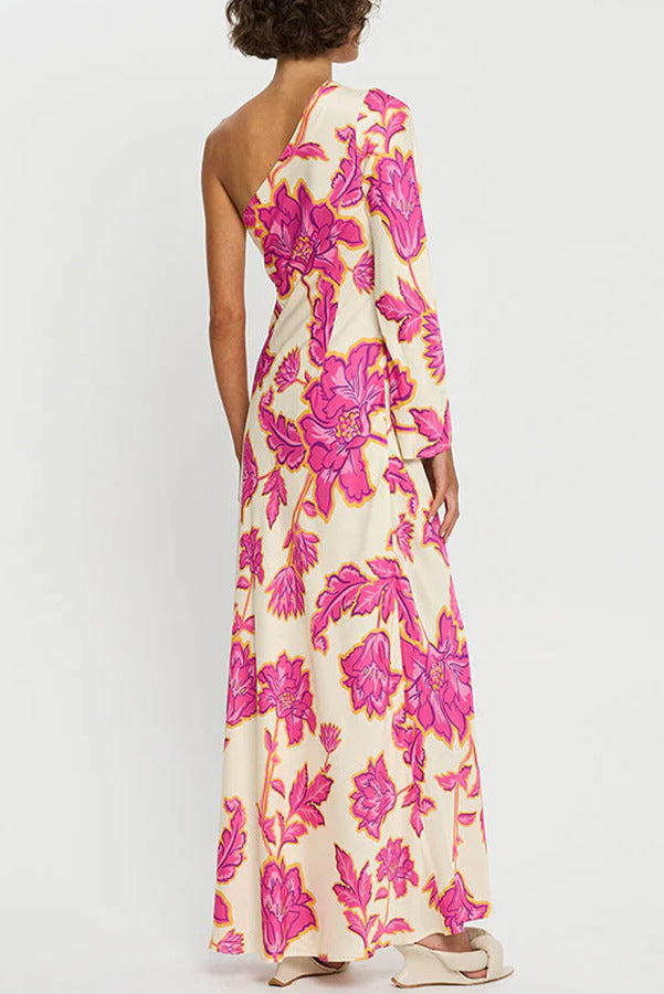 Rhia Satin Floral Print One Shoulder Flared Maxi Dress